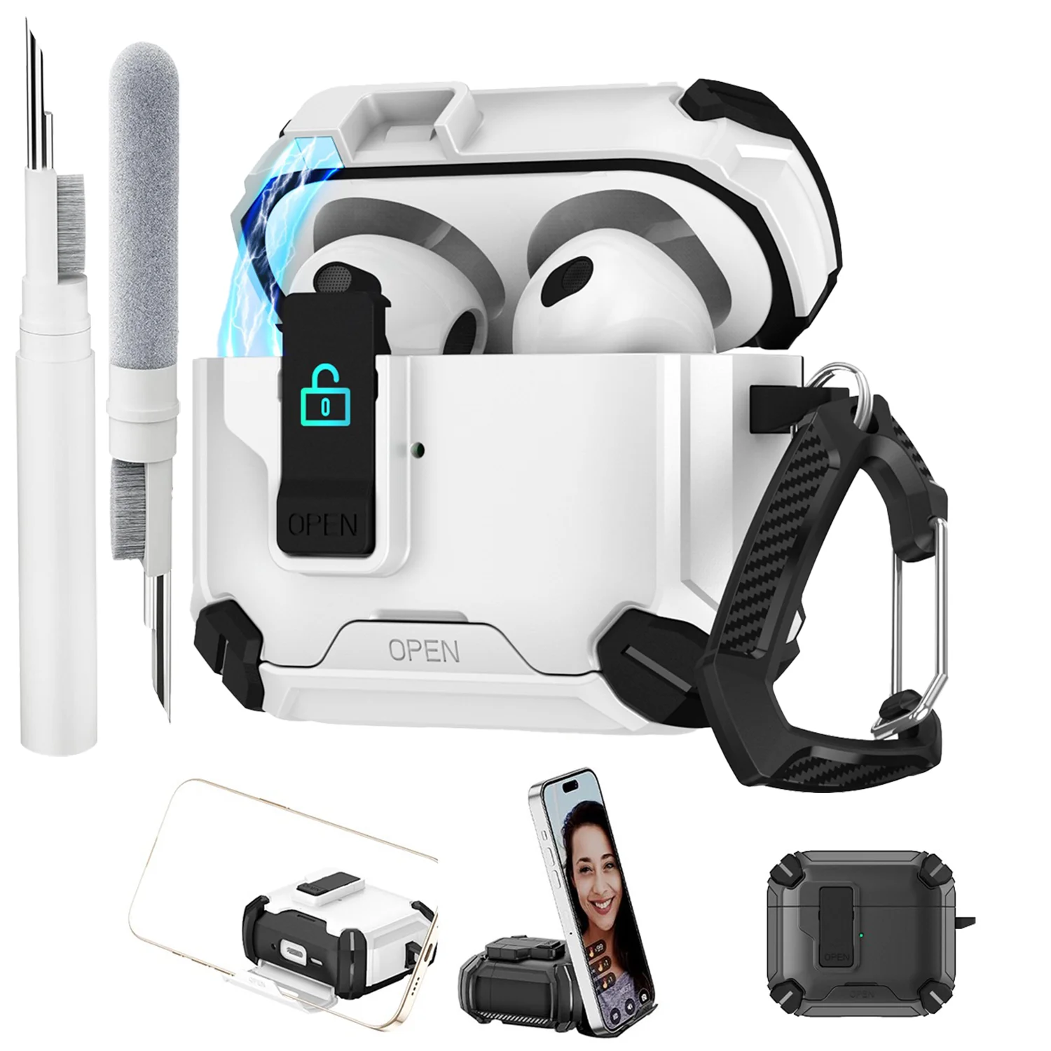 

Secure Lock Shockproof Clip Case with Keychain and Cleaning Kit for AirPods Pro 1 2 and AirPods 3 4 Supports Magsafe wireless