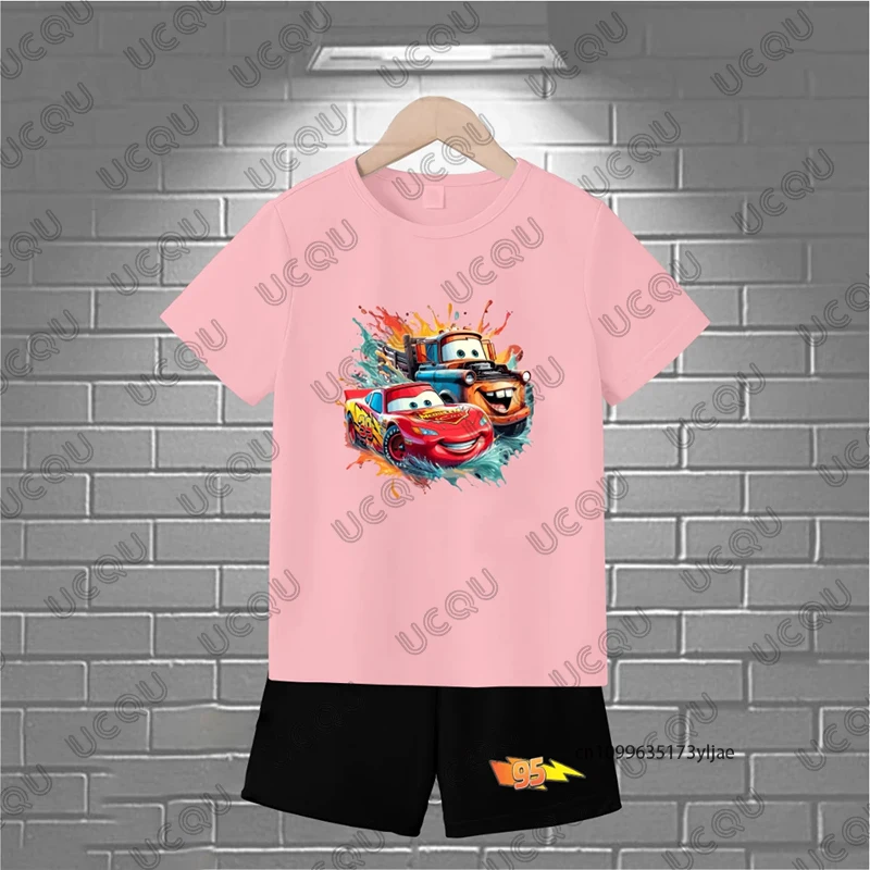 2 قطعة ملابس الأطفال رياضية البرق ماكوين سيارات 95 طباعة القطن تي شيرت + مجموعة تي شيرتات قصيرة للأطفال زوجين عادية دعوى الاطفال/الكبار الملابس #4