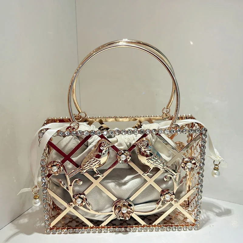 

Luxury Designer Gold Metal Birdcage Bag Fashion Hollow Out Glitter Diamond Women Handbag Wedding Party Clutch Purse Shoulder Bag