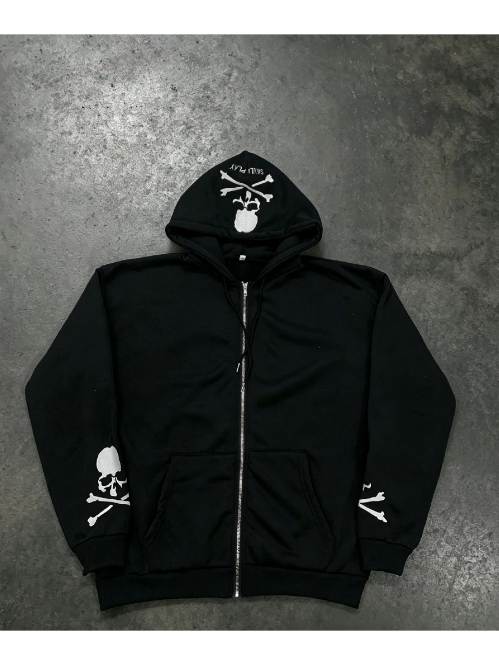 New autumn and winter retro punk zipper hooded sweatshirt unisex skull cross bone embroidery pattern Gothic street trend jacket