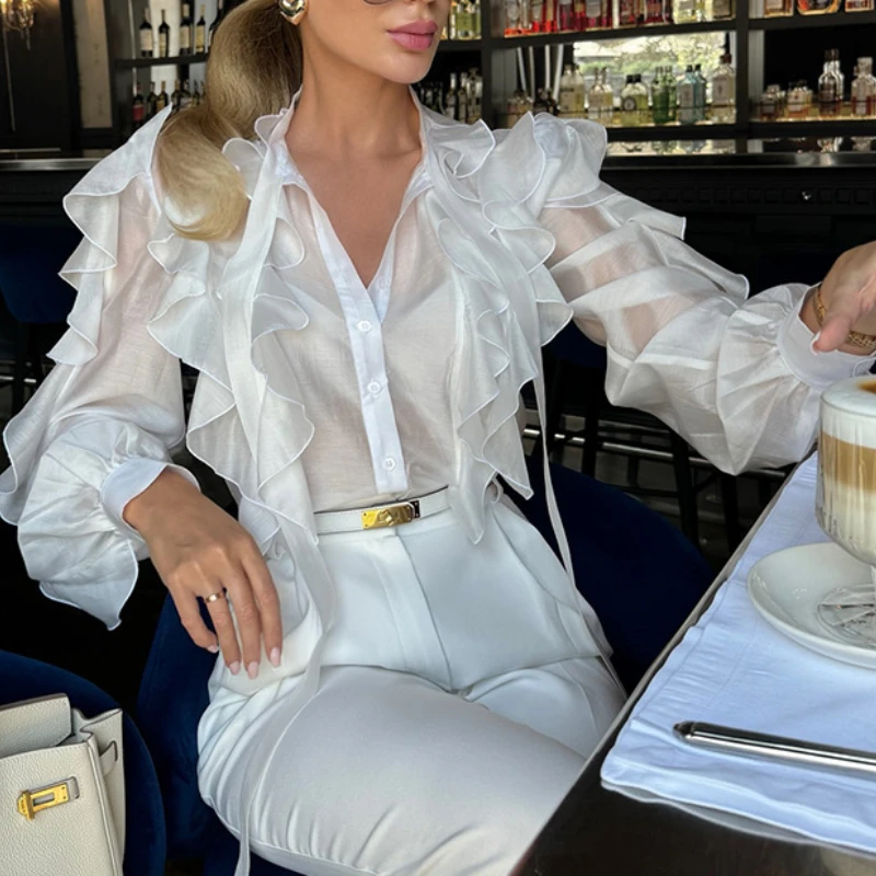 

Women Ruffles Shirt Blouses Office Lady Long Lantern Sleeves Y2k Streetwear Tops Elegant Sheer Mesh Fabric White 2025 new Spring