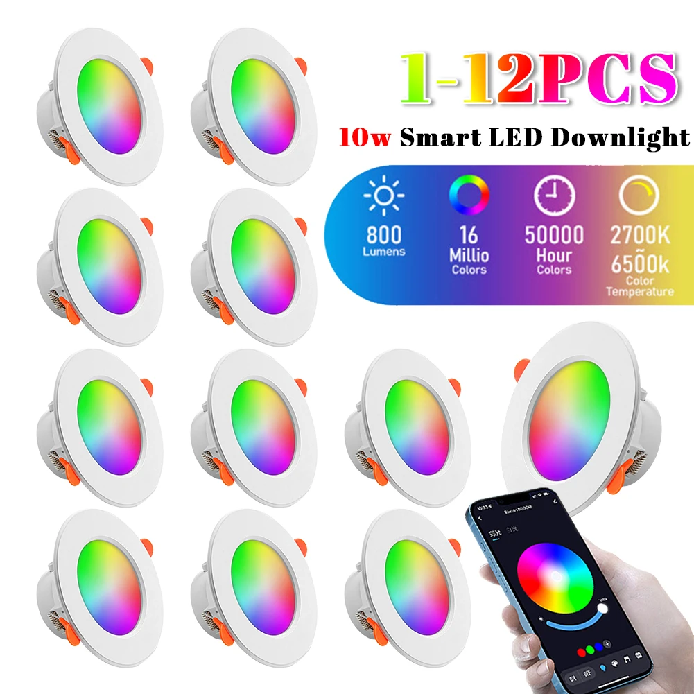 1-12PCS RGB LED Bulb Dimmable Downlight Spotlight Bluetooth-Compatible Lamps 10W Smart Panel Lights for Home Living Room Decor