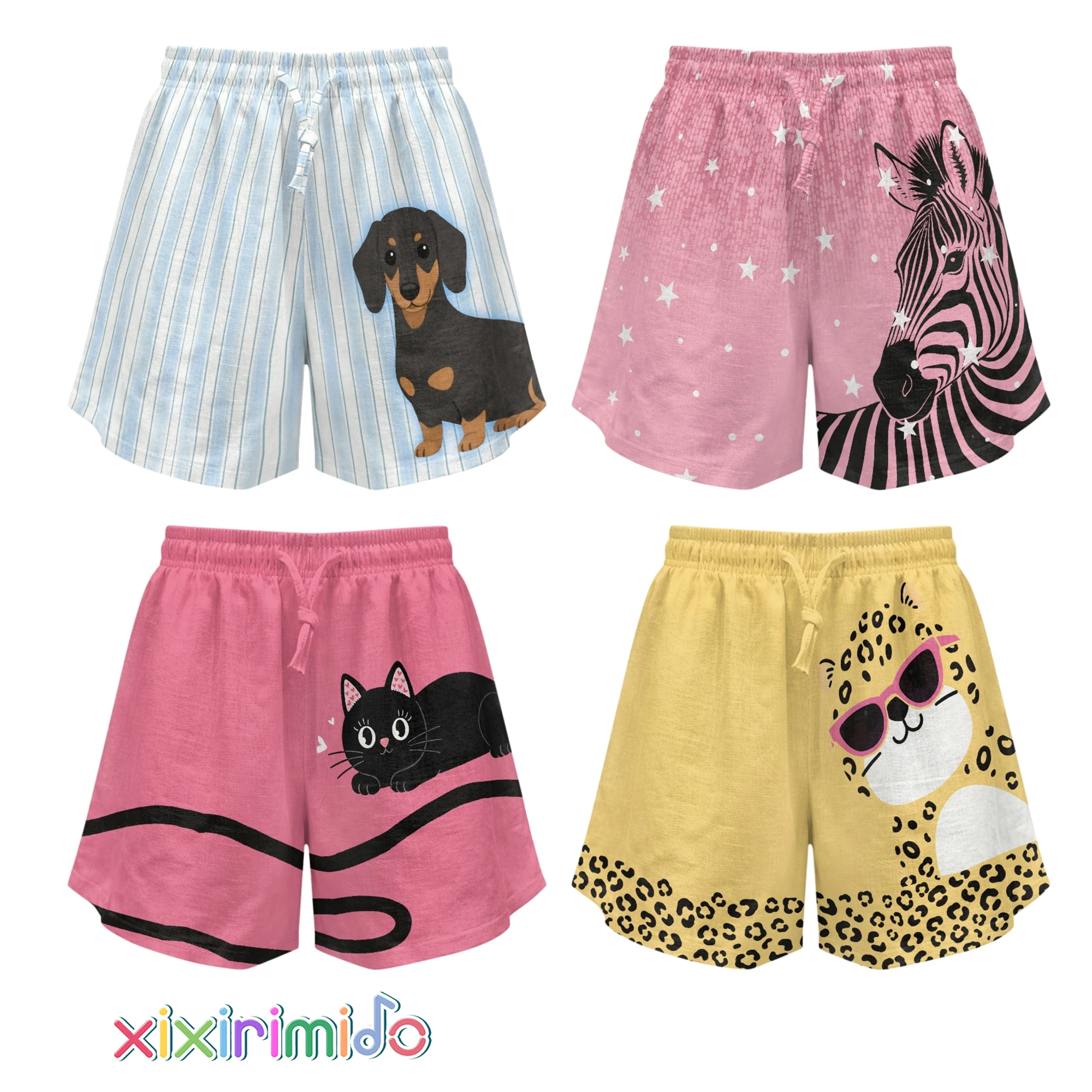 

XIXIRIMIDO 2026 Summer Women's Casual Linen Shorts with Pockets Cute Cartoon Print Loose Wide-Leg Pants with Drawstring Design