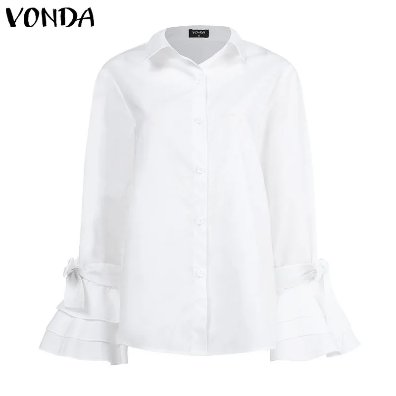 VONDA Lady Lapel Neck Button Women Shirts 2023 Casual Solid Color Top Puff Sleeve Blouse Shirt Autumn Long Sleeve Elegant Office