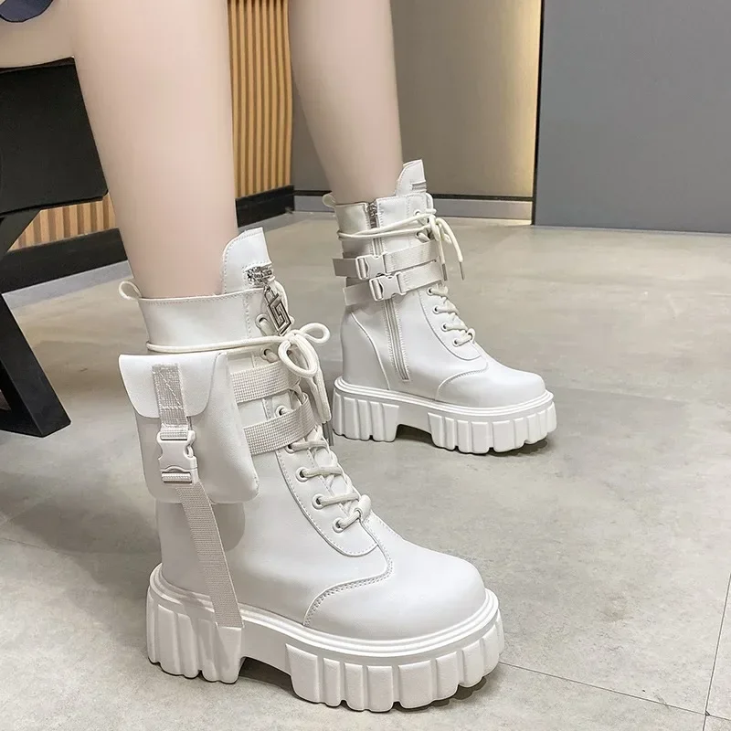 Botas de couro para mulheres, sapatos de plataforma alta, tênis de salto grosso, dedo do pé redondo, curto, pele, motocicleta, quente, inverno, 10cm