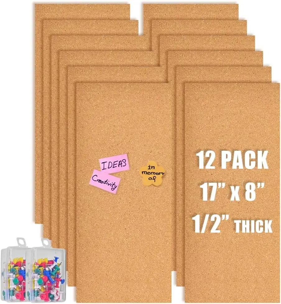 

17x8 Cork Board Tiles, Self-Adhesive Bulletin Boards for Walls, Home Office School Decorations, 12mm Thick, 12 Pieces