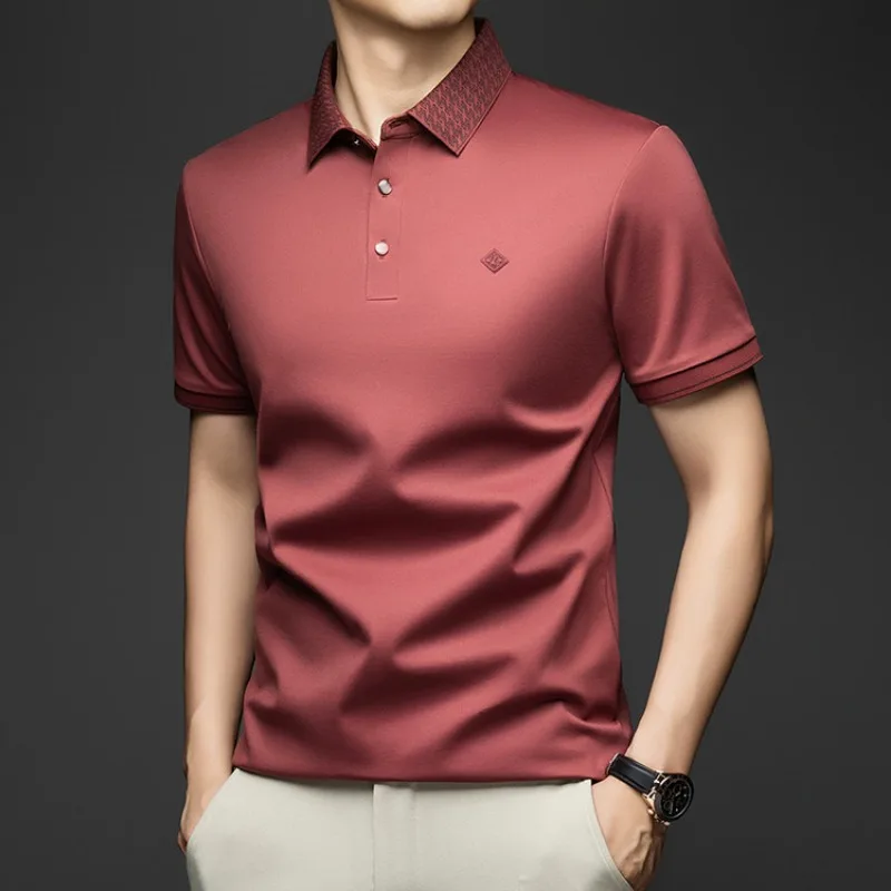 Men's Polo Shirts Short Sleeve Business Casual T Shirt Silk Cotton Classic Fit Striped Polo for Men