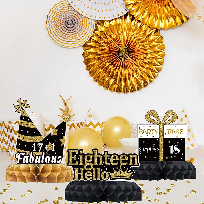 9 Stück Schwarzgold 18/21/30/40/50/60th Happy Birthday Desktop Wabenornamente Foto Requisiten für Happy Birthday Party Decor – Detail 4