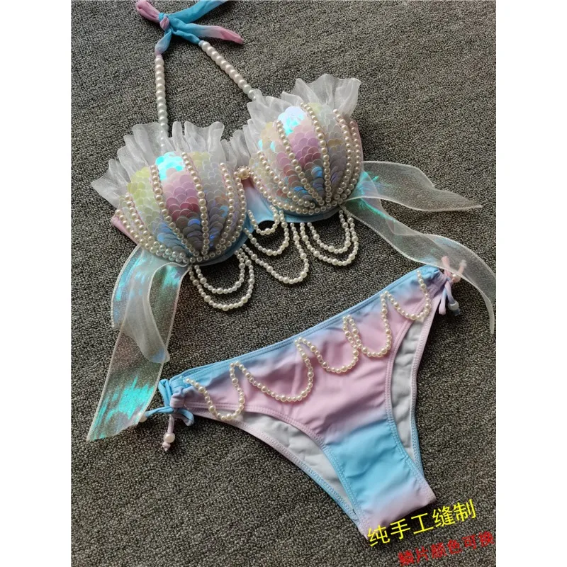 Customized Mermaid Sequin Bikini Swimsuit Free Diving Performance Suit Oceanarium Electronic Syllable Bra Bar Cosplay Costumes