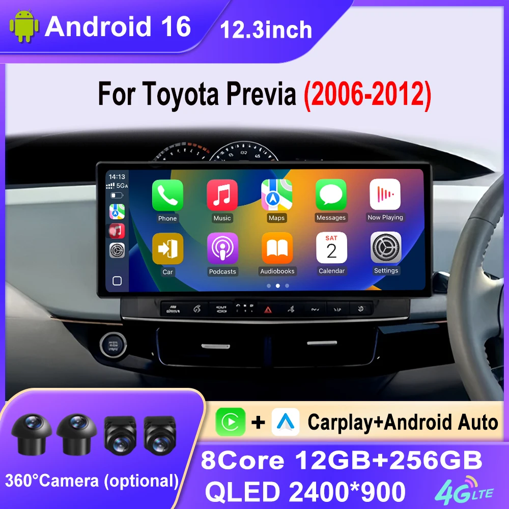 

12.3"CarPlay Android Auto Android 16 for Toyota Previa 2006-2012 Car Radio 4G WiFi BT DSP GPS Navi QLED IPS Touch Screen