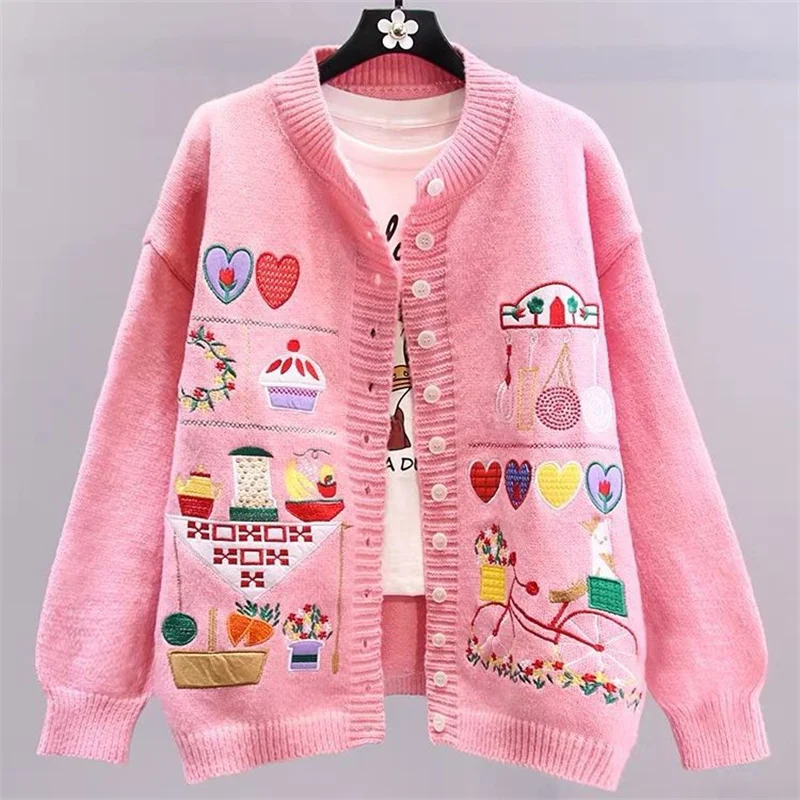 Hsa 2023 Ladies Embroidered Sweater Alphabet Pattern Fall Winter Warm Knitted Cardigan Pocket Harajuku Cute Girls Tops Y2K Retro