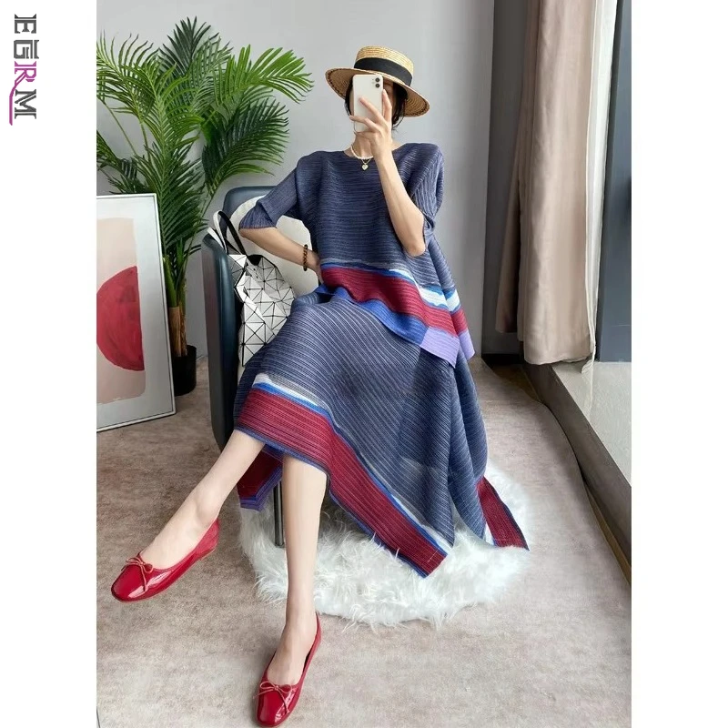 

EGRM Miyake Loose Plus Size 2-piece Fashion Women's Suit 2025 Summer New Color Collision Top + A-line Skirt Pleated Set 9R5136