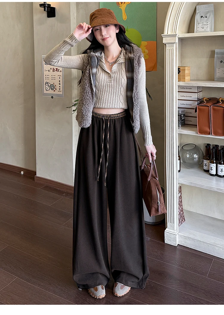 Color blocking checkered waist wide leg pants women autumn and winter high waist loose straight leg casual pants