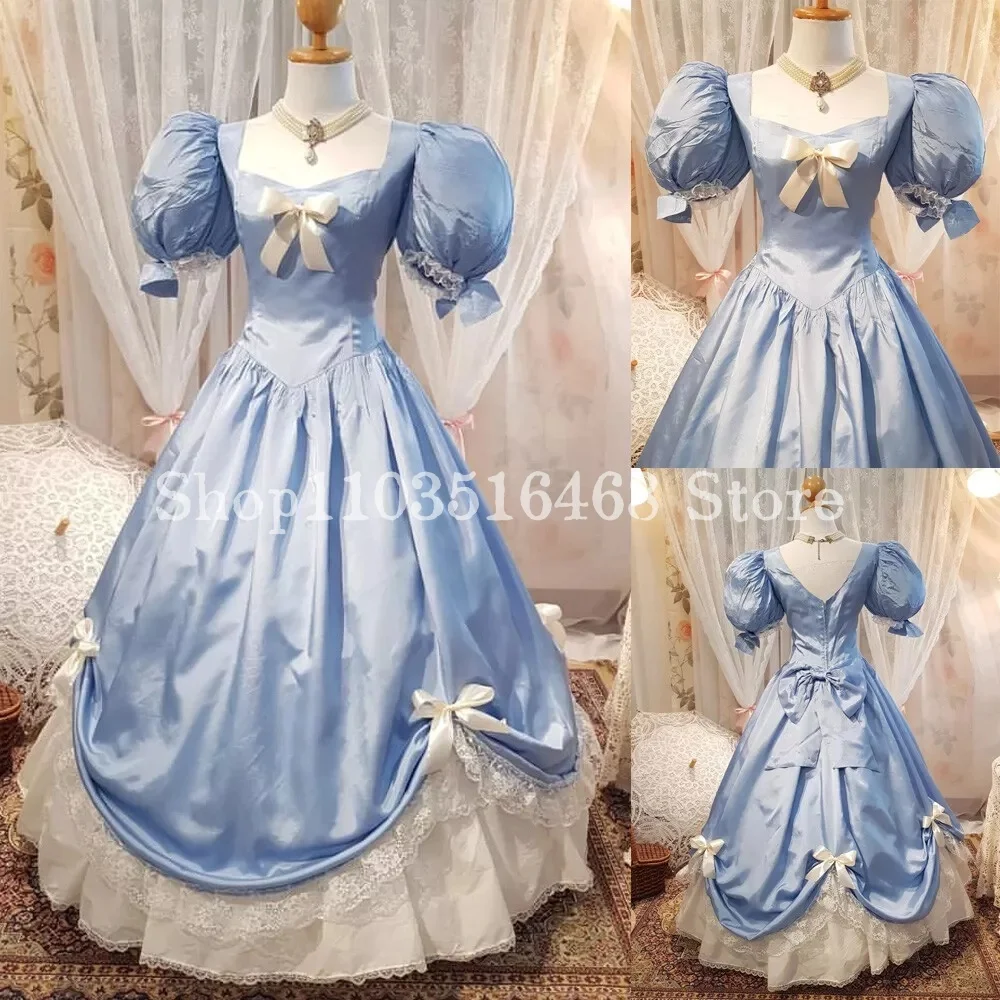 Fluffy Victorian Prom Dress Sky Blue Satin Bubble Sleeve Fantasy Bow Lace Ruffle Masquerade платье вечернее