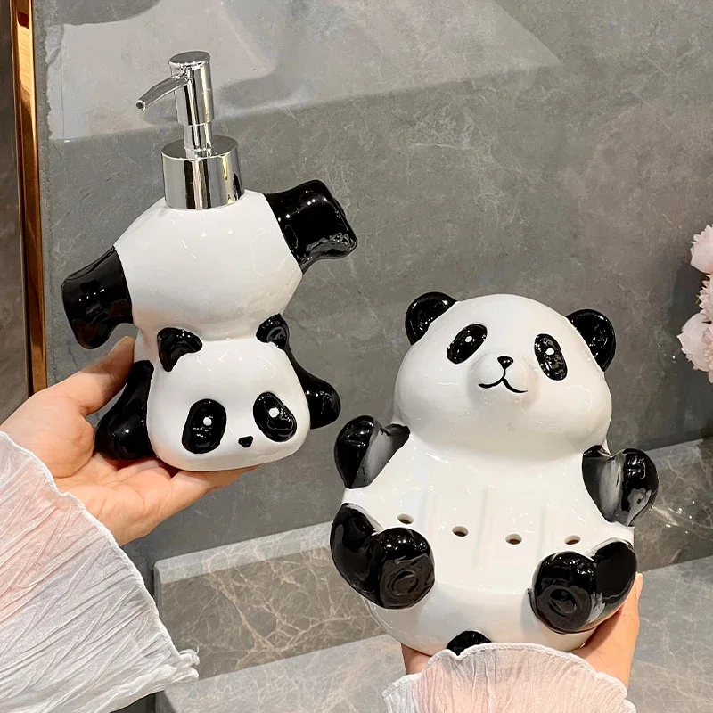 Cartoon Panda Milk Bottle Soap Dish Black and White Ceramic Pressed Empty Bottle Bottling Bathroom Supplies Bathroom Decoration