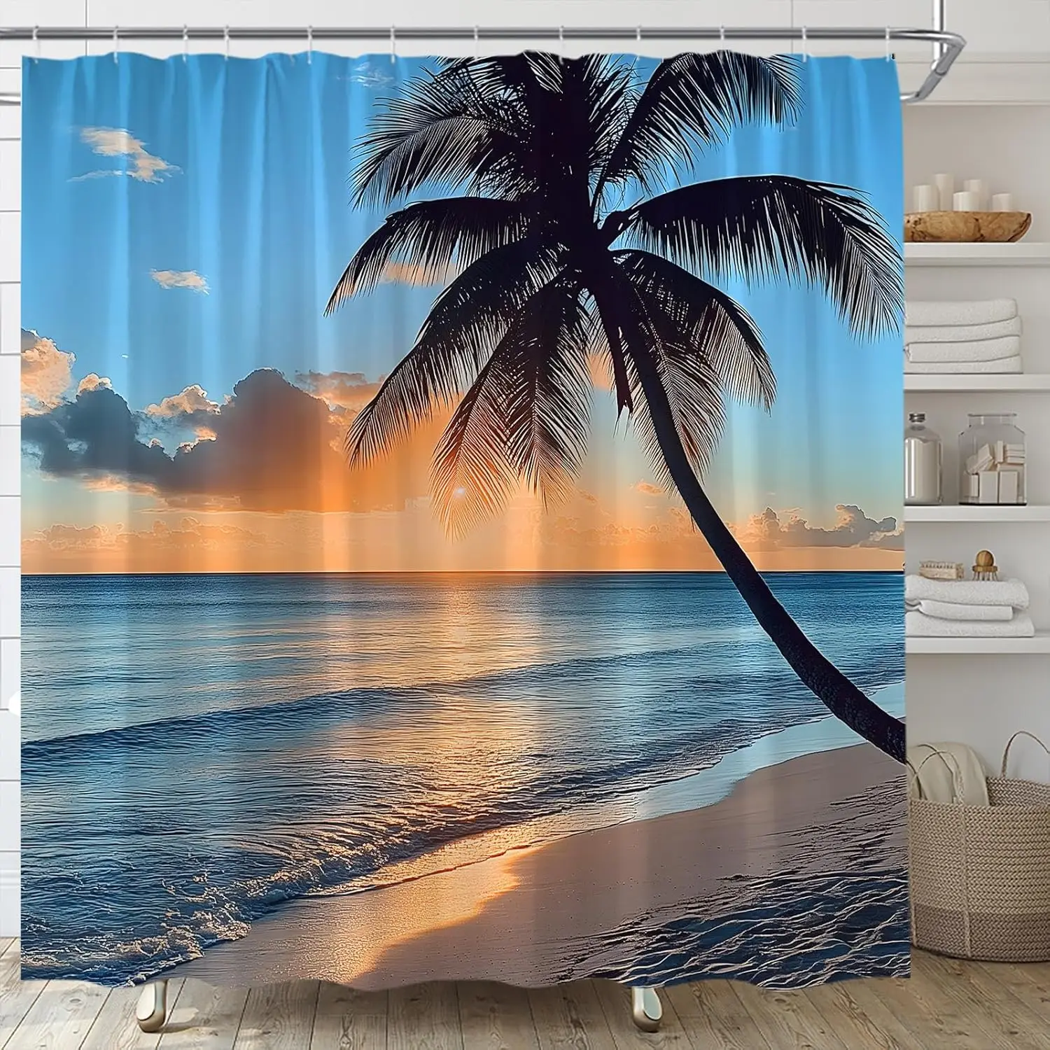 

Пляжная занавеска для душа, тропическая уличная прибрежная пальма, океанский пейзаж, закат, лето, море, Гавайи, природа, морская вода, ткань