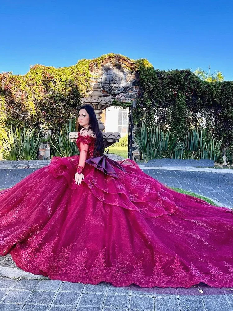 Burgundy Quinceanera Dresses 2024 Long Sleeves Flower Sweet 16 Birthday Party Gown Lace Applique Vestidos Para XV Princess Miss