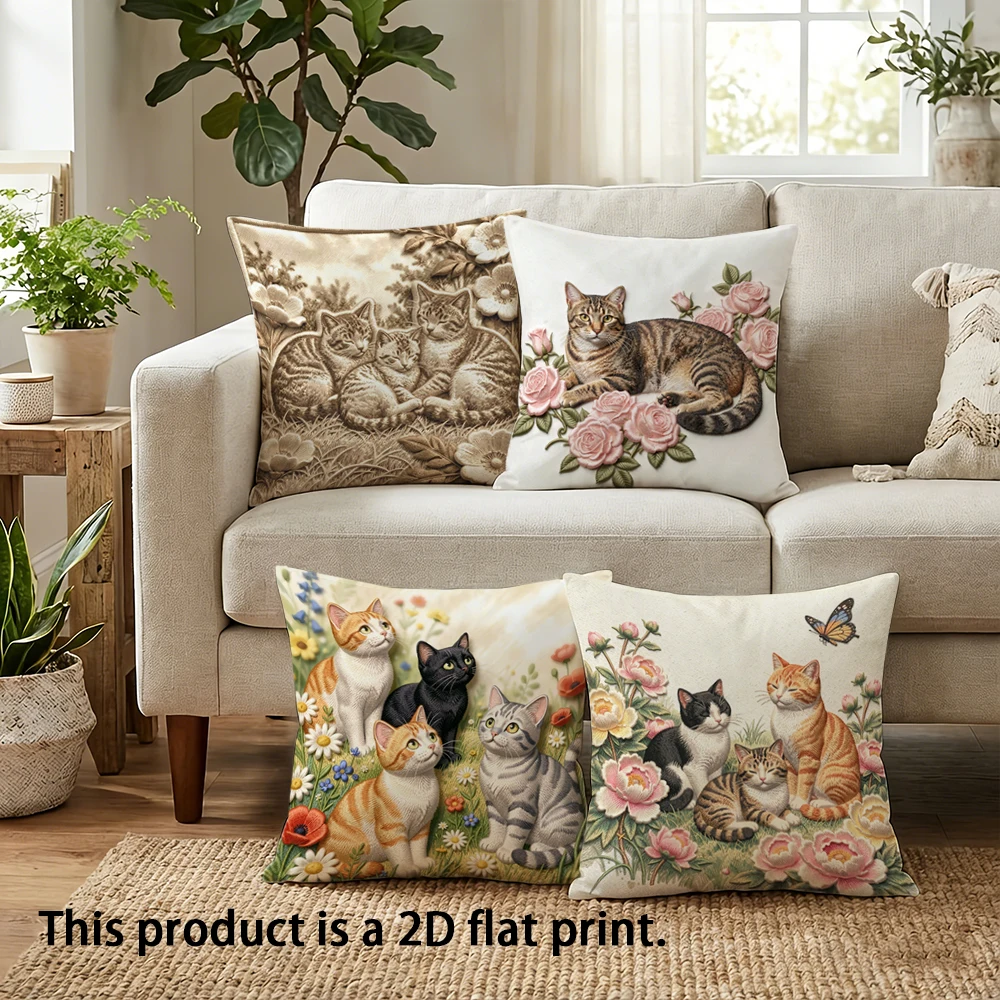 1/4pcs Cute Cat-Patterned Pillowcases for Cozy Decor Sofa bed cushion cover home bedroom decoration, 2D flat printing