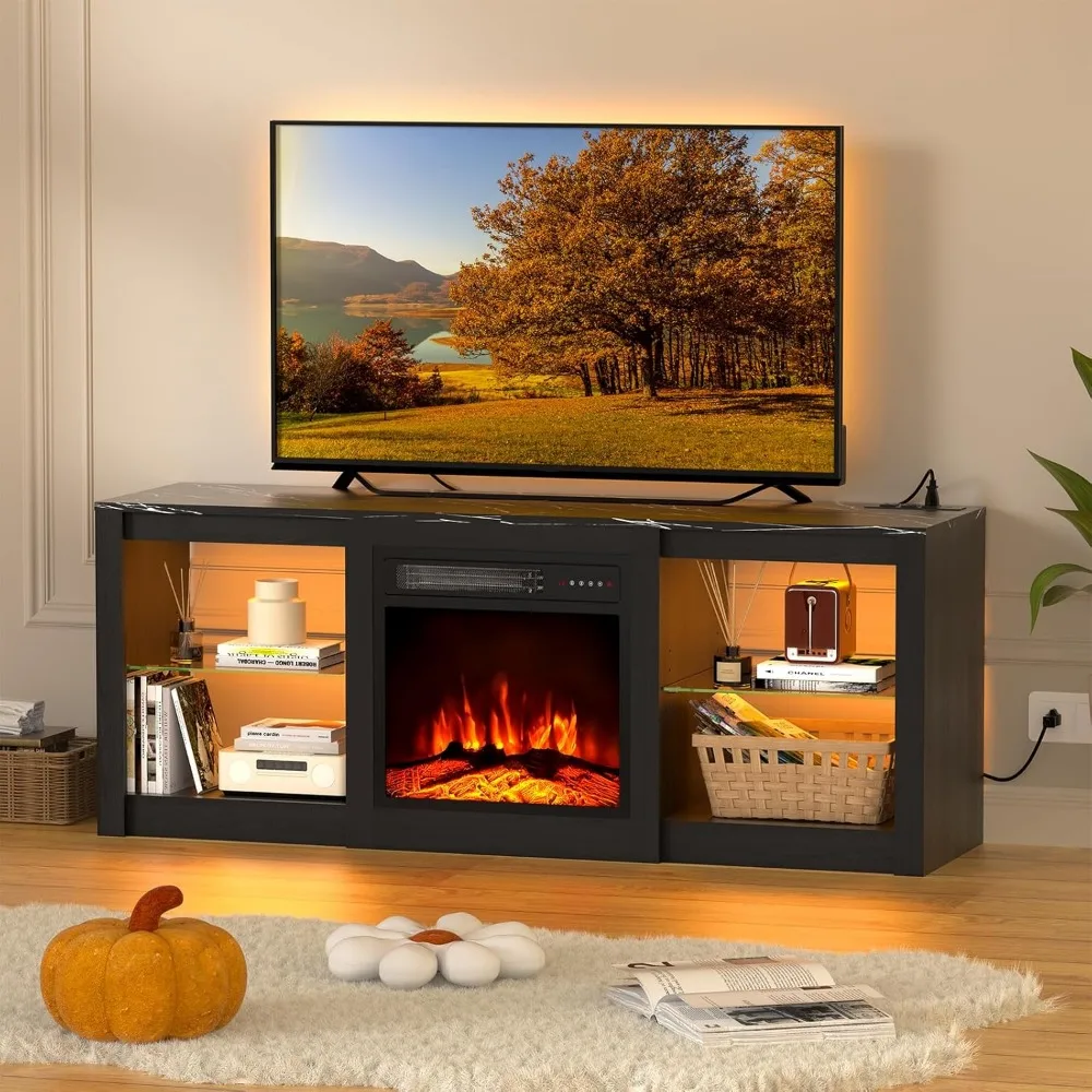 ty-58inch Electric Fireplace TV Stand for 65'' TV-Entertainment Center with 18'' Fireplace and Led Light-TV Console, Customized-
