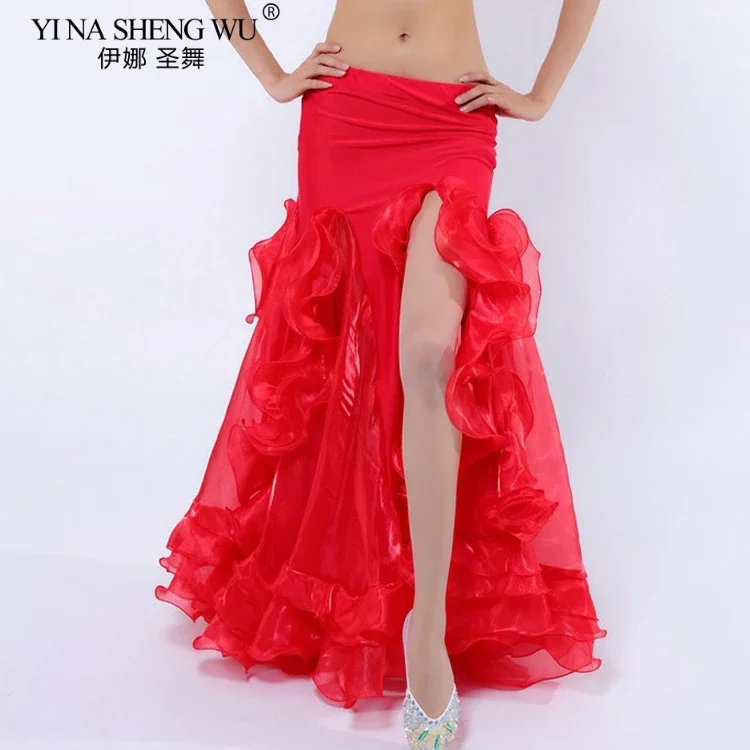 جديد إمرأة تنورة رقص البطن الجانب سبليت كشكش تنورة الرقص الشرقي أداء تنورة طويلة مثير الرقص الشرقي Dancewear للنساء