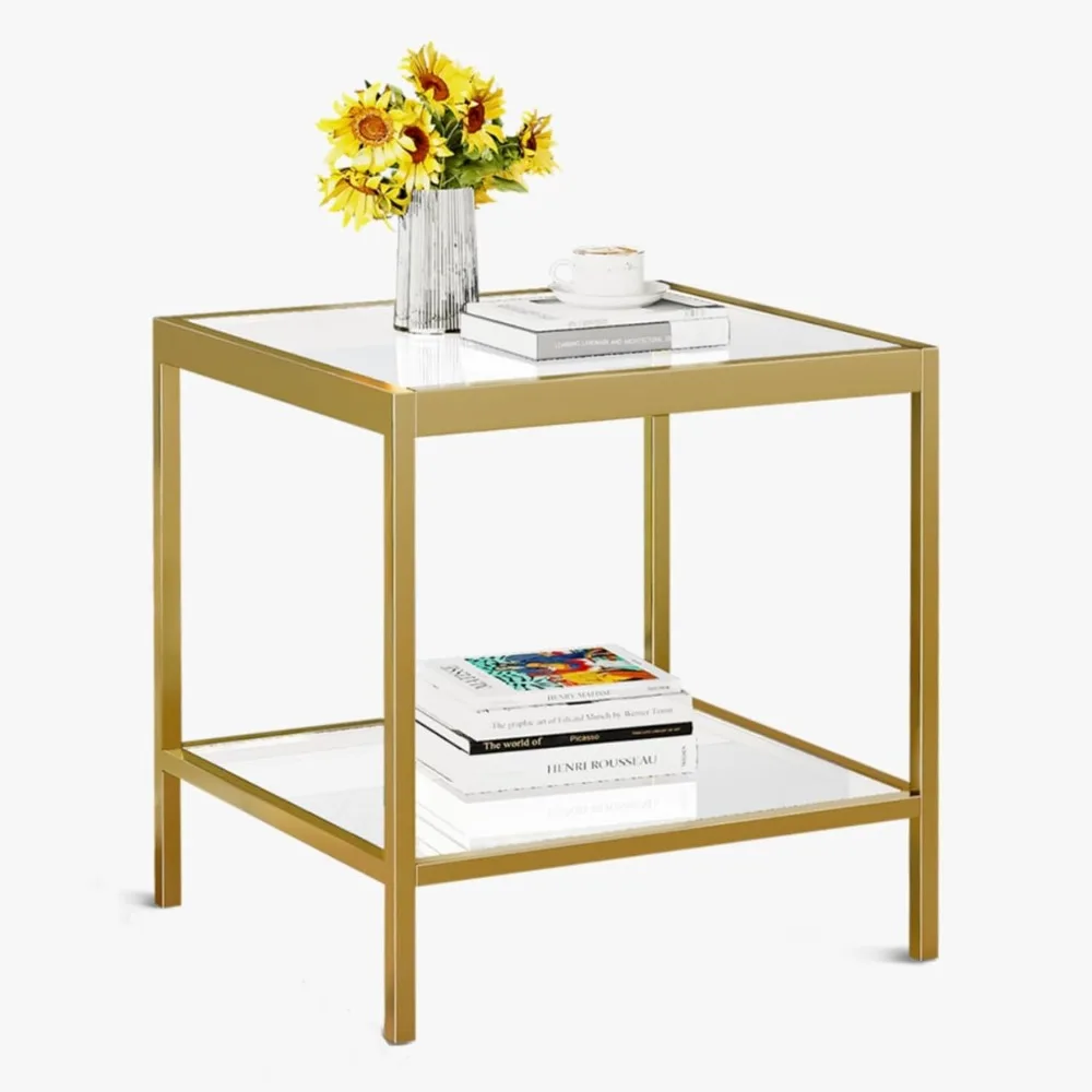 

2 tier square end table side table with tempered glass top and gold metal frame modern night stand for small spaces side table w