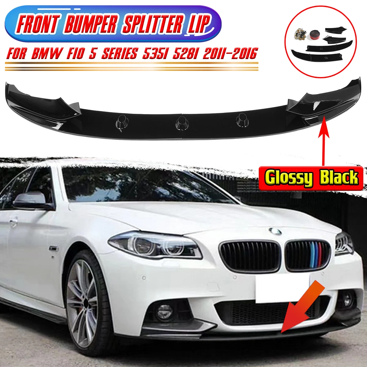 For BMW F10 5 Series 535i 528i 2011-2016 with M Sport Bumper Front Bumper Lip Spoiler Splitter Surround Molding Cover Trim Body