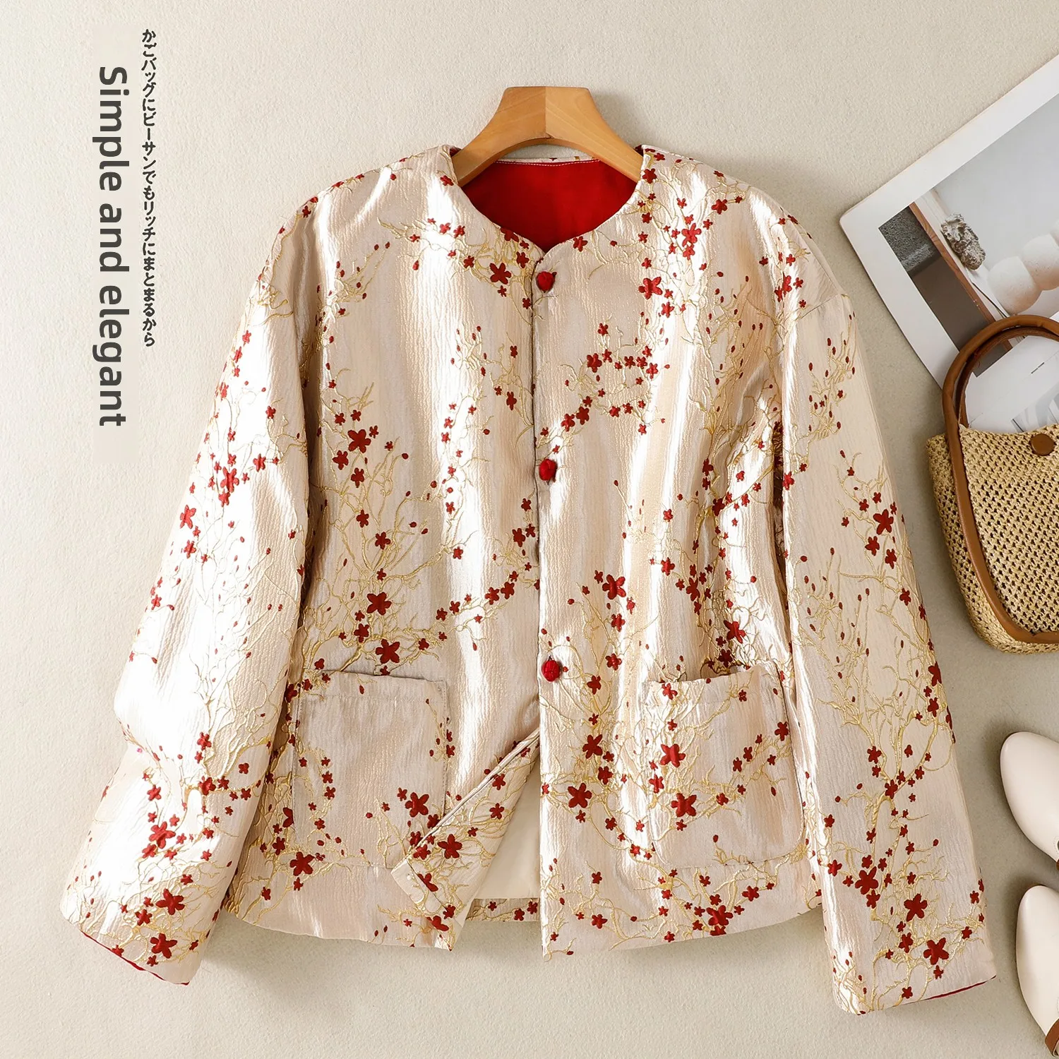

Winter New Style Women's Thickened Cotton Jacket Warm Silk Linen Embroidery Loose Coat Retro Button Splicing Color Cotton Shirt