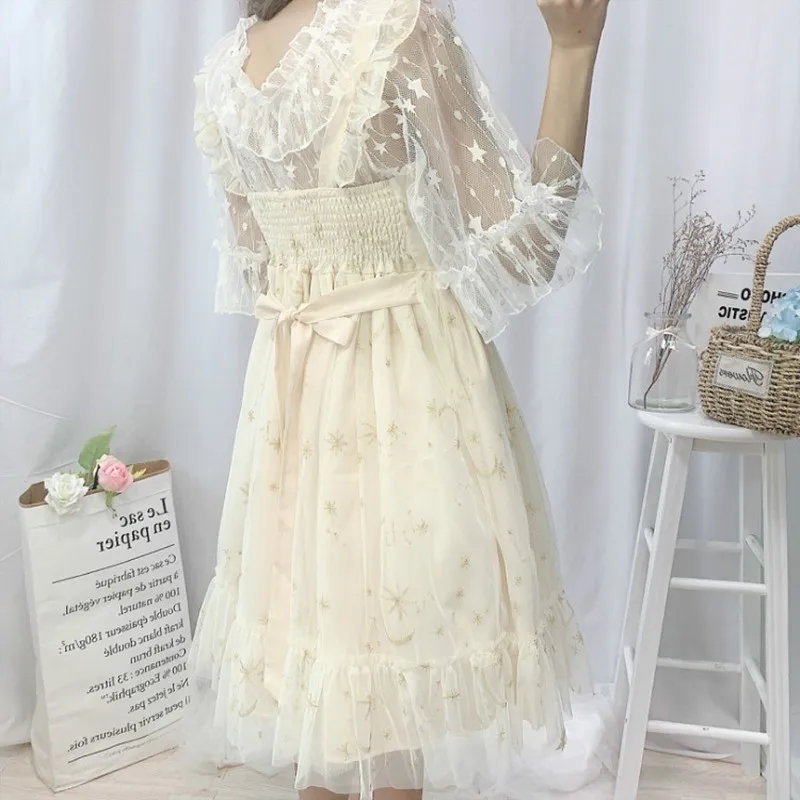 Japanese Sweet Lolita Dress Summer Mori Girl Sleeveless Short Dress Girly Fairy Dress Embroidery Stars Ruffles Party Jsk Dresses