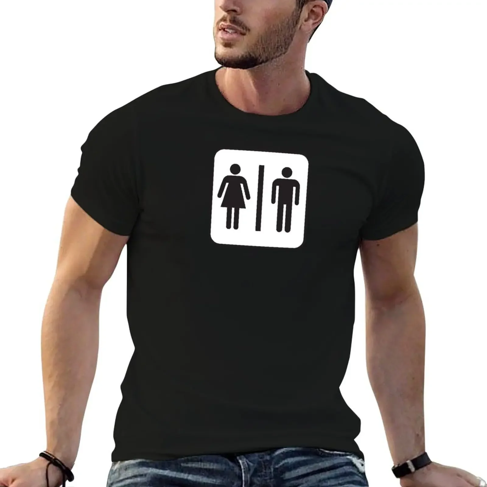 Restroom Sign - men, women, genders, black, white, no text, stick figures, square T-Shirt tops Blouse mens clothing