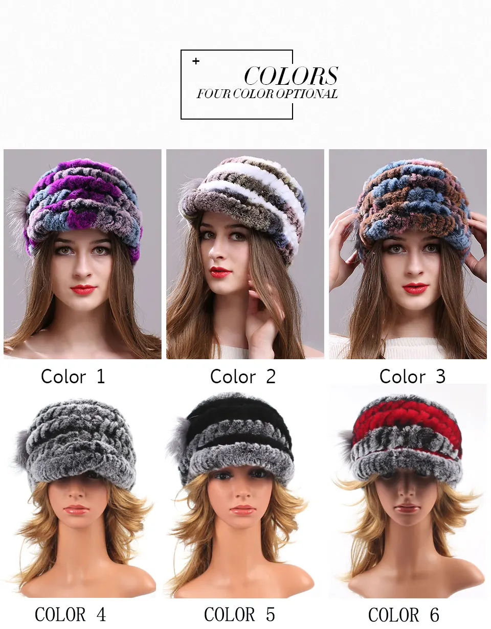 Winter Pelz Hüte für Frauen Rex Kaninchen Fell Elastische Gestrickte Hut mit Blume Pelz Hut Großhandel Baseball Kappe Weibliche Echtpelz Bonnets – Detail 3