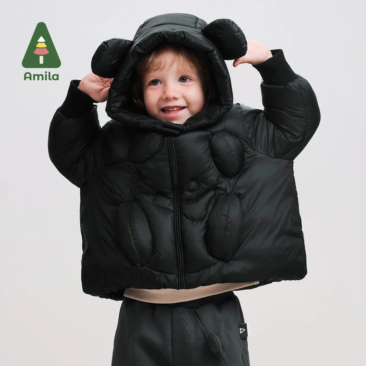 Amila Baby Down Jacket 2024 Winter New Style Boys And Girls Solid Color Bear Hooded Basic Warm Loose Casual Children’s Jacket