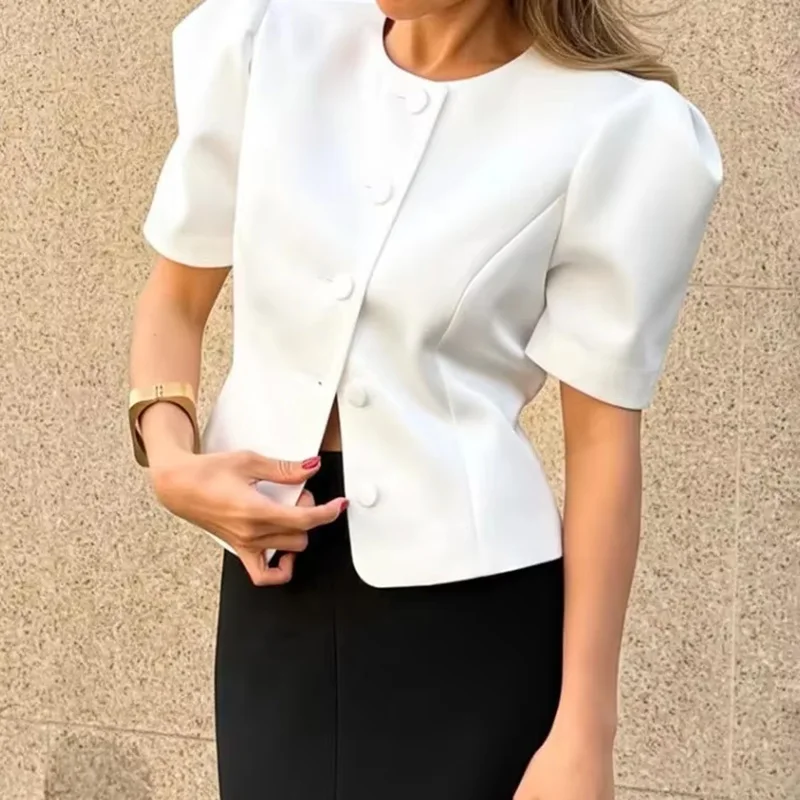 

Ticketsx Fashion Button Patchwork Tops Solid Women's Summer Short Sleeved Slim T-Shirts Elegant Streetwear Commute Female Blouse