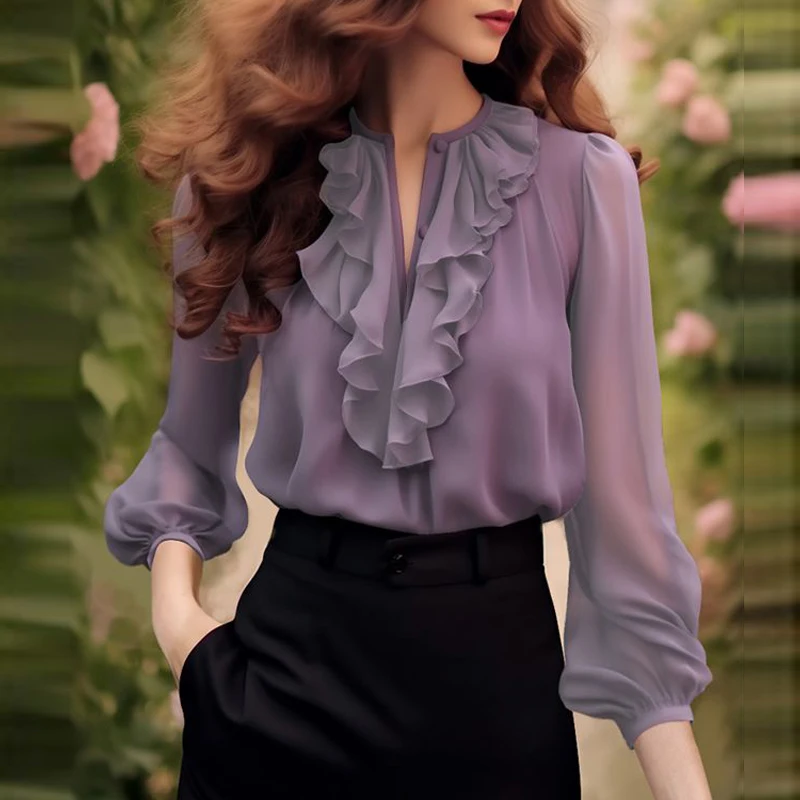 

Women Korean Fashion Ruffles Sweet Fairy Blouses Office Lady Business Casual Purple Shirts Casual V Neck 3/4 Sleeve Tops ZT156