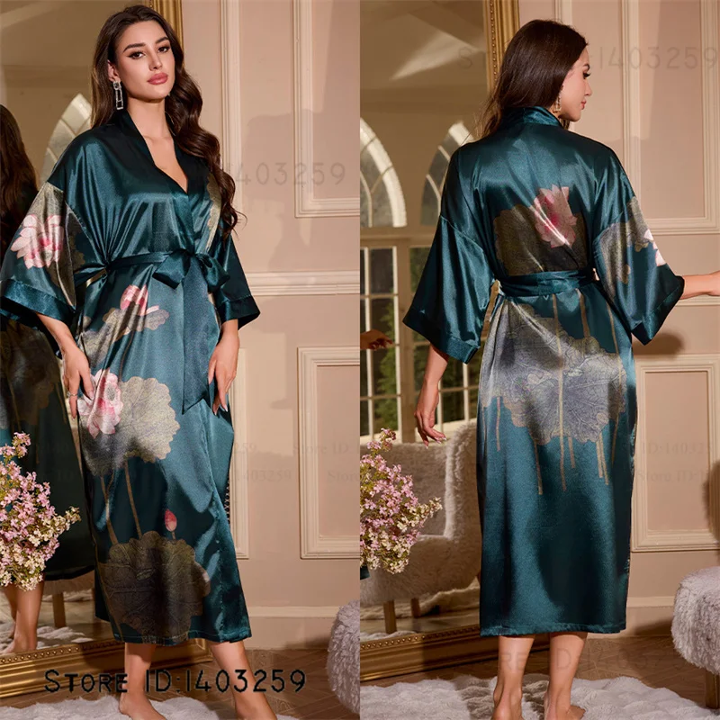Female Long Robe Loungewear Elegant Chinese Style Kimono Bathrobe Gown Negligee New Silky Satin Sleepwear Nightgown Loose Pajama image 4