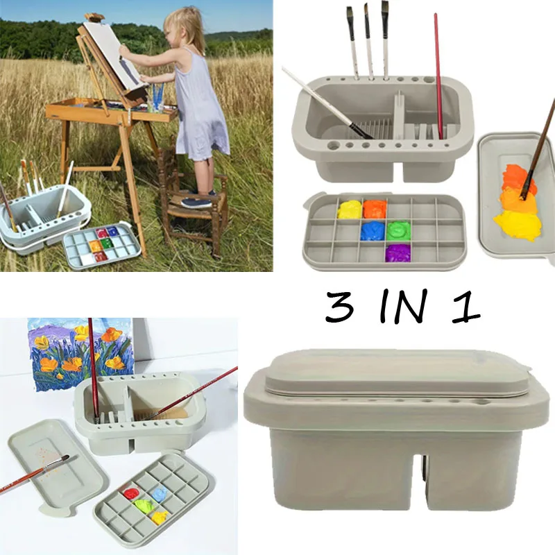 

3 IN 1 Multi-Use Paint Brush Basin With Brushes Holder, Washer, Trays, Palette Box-Artist Cleaner Cup For Watercolor Oil