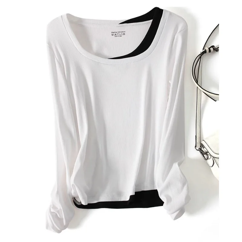 Women Plus Size Korean Style Autumn Winter Fake Two Piece Square Neck Long Sleeve Top Loose Slim Hide Belly Casual Undershirt