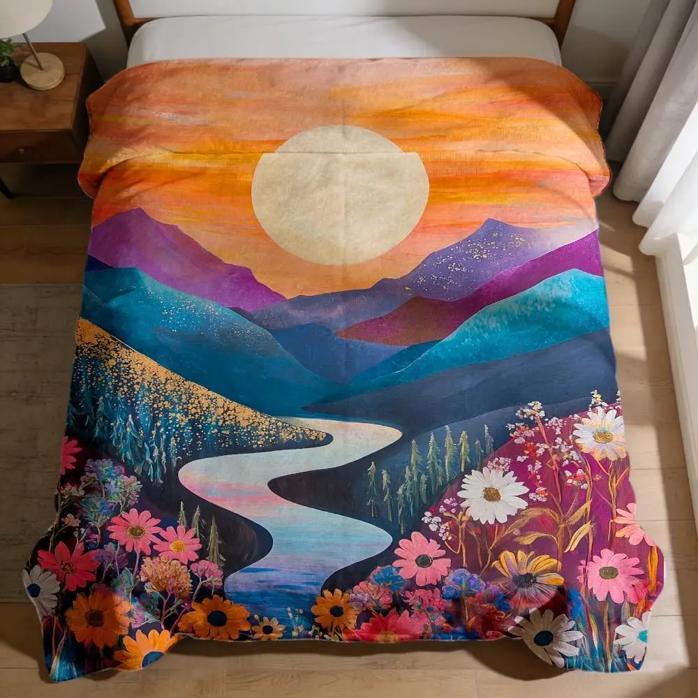 Art Hand Painted Sunset Hill River Daisy Floral Landscape Flannel Blanket Indoor Outdoor Soft Vivid Warm Home Holiday Gift