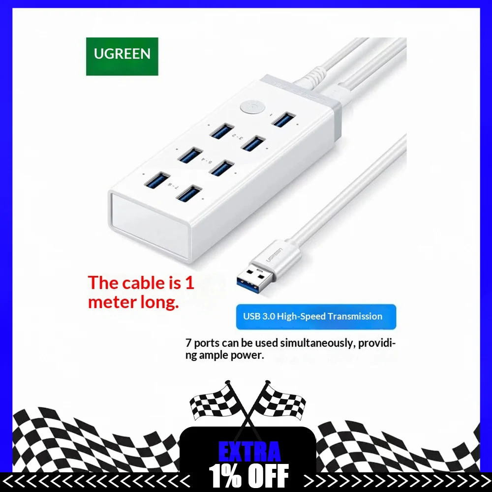 UGREEN 30778 CM481 USB 3.0 Hub 7 Port with Individual Switches 12V 2A Power Adapter USB Splitter for Laptop PC