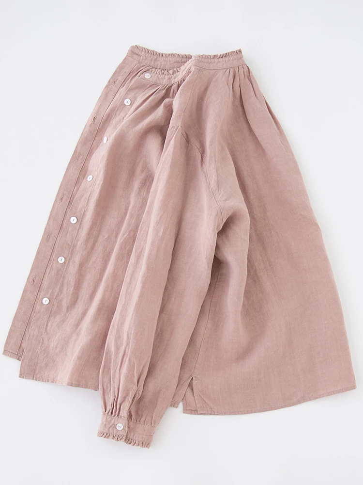 

Свободный хлопок и лен Long Sve irt с воротником-стойкой на пуговицах Pure Color для поездок на работу Sle Women's Faion Свободный крой Linen irt