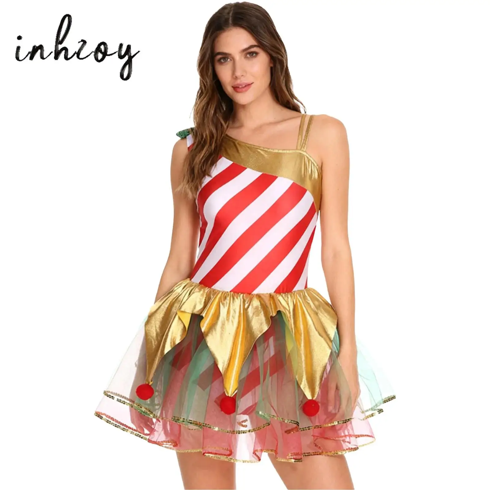 

Women Christmas Candy Cane Cosplay Dress Metallic Pompoms Tiered Tulle Leotard Striped Tutu Dress for Xmas Elf Fancy Dress Party