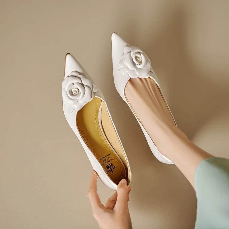 NEW Spring/Autumn Women Pumps Split Leather Shoes for Women Pointed Toe Kitten Heel Shoes Elegant Slip-on Flower Shallow Shoes