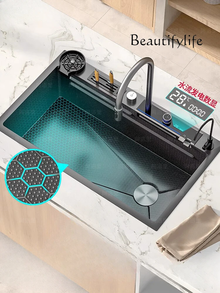 Feiyu Waterfall Sink Large Single Sink Nano 304 Stainless Steel Kitchen Sink Lower Washing Basin