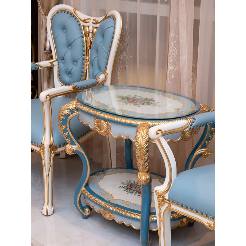 French romantic mahogany carved veneer with gold leaf blue leather single chair villa living room bedroom lounge chair