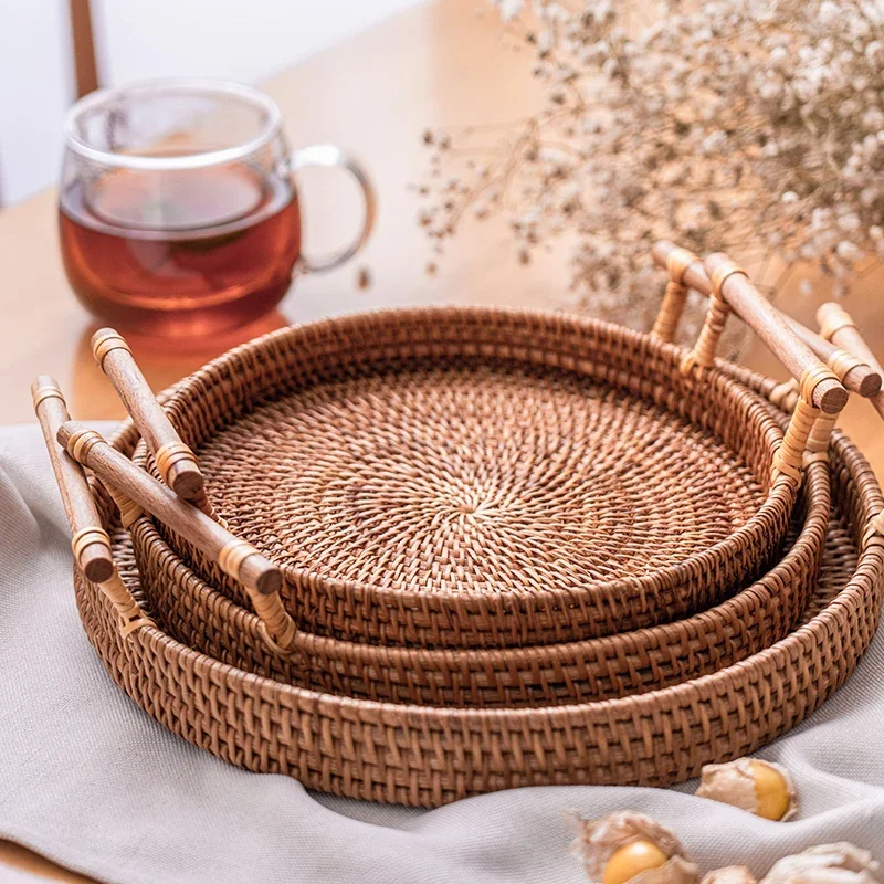 

Handwoven Rattan Storage Tray With Wooden Handle Round Wicker Basket Bread Food Plate Fruit Cake Platter Dinner Serving Tray