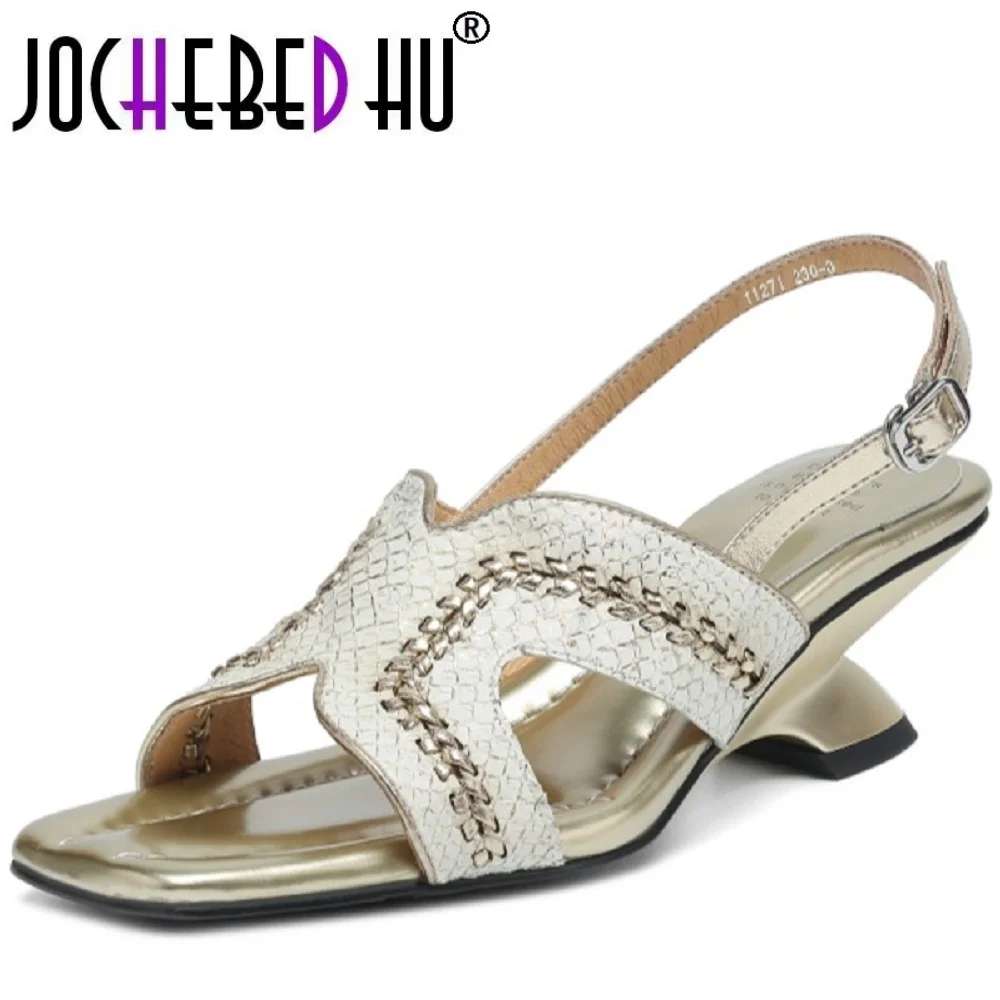 JOCHEBED HUHandmade Brand Genuine Leather Summer Women Shoes Med Heels Gold Silver Dress Party Female Sandals 33-40
