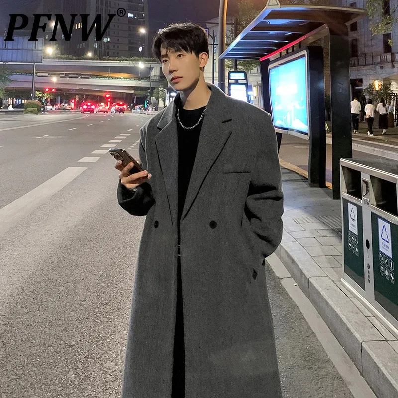 

PFNW Autumn Mid Long Street Thick Windbreaker Men's Single Breasted Korean Trench Solid Color Loose New Tops Fashion 21Z6021