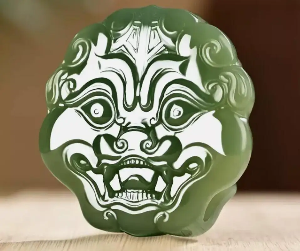 

Nature Grade AAA Green White HeTian Jade Carving Beast face belt buckle PiXiu