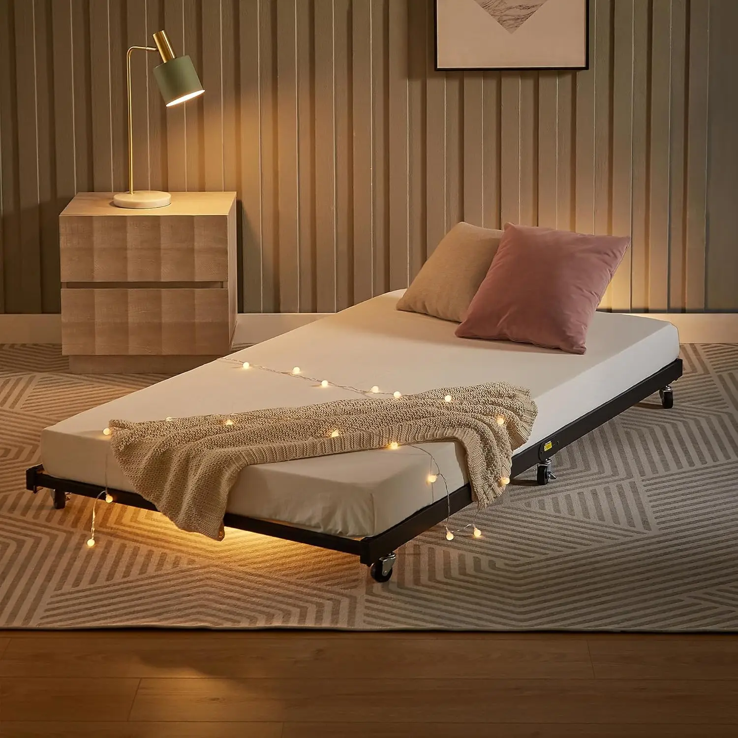 Twin Trundle Bed Frame Only/Roll Out/Enhanced & Up-Graded Metal Slats with Lockable Casters, Classic Black