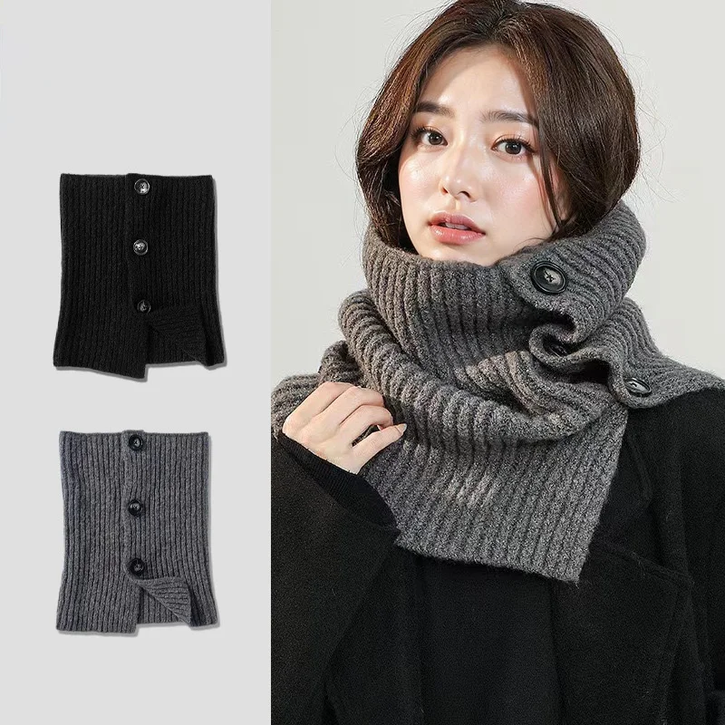 Korean Winter Neck Warmer Wool Knitted Scarves Soft Thickened Pashmina Shawls Wraps Women Detachable Fake Collar Button Scarf