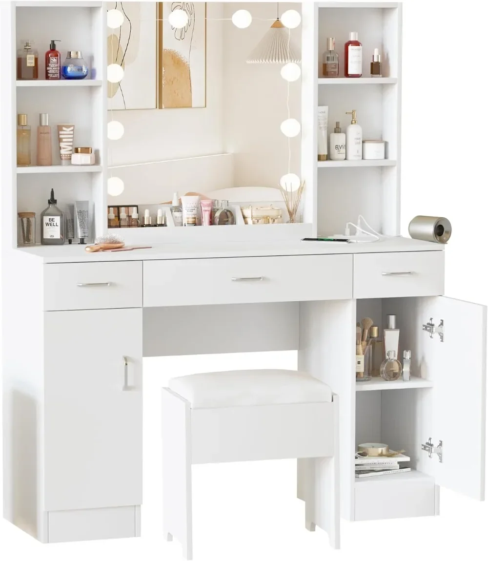 Makeup Vanity Table with Lighted Mirror & Outlets, Large Vanity Set Vanity Desk with Lots Storage, 3 Lighting Modes, Brightness